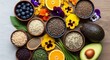 © pangeran - A Colorful Cornucopia of Superfoods with Hemp Seeds, Avocado, and Edible Pansies