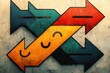 © Monika - Layered orange, red and teal directional arrows with smiling marks on a grungy painted wall conveying playful upbeat motion