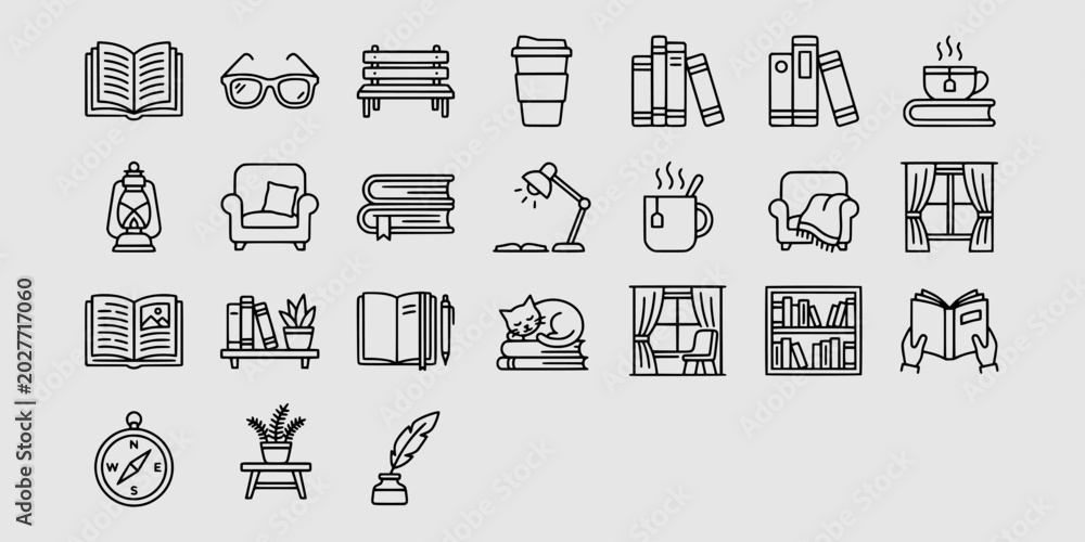 Reading Comics Hobbies Icon Icon set collection of reading and leisure activities, featuring books ...