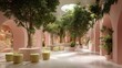© MALIK Ammar - A spacious, bright pink interior with large trees and comfortable pastel seating.