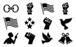 © Tuli - Vector illustration of freedom and protest symbols including fists flags doves and bells on white background