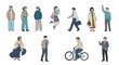 © Uno - Flat design people icons, diverse characters, walking, standing, cycling, business casual, colorful vector illustrations, 10 human figures