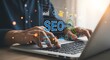 © Purple 3 - Seo optimization concept with hands typing on laptop and digital icons
