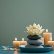 © Ryzhkov - Pale sage green wall background behind a lotus flower on stacked stones and burning candles for wellness spa branding, holistic therapy and meditation room decor