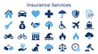 © Iconique Studio - Collection of insurance services icons representing home car health life business and travel protection security and financial safety