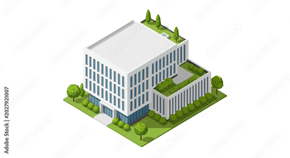 Isometric view of a modern office building with green rooftop gardens ...