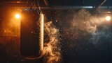 Punching Bag Impact with Flying Dust in Dark Cinematic Gym