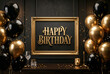© ATIKUL ISLAM - Happy birthday frame with gold and black balloons, candle, and wine glass on table.