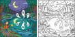 © Snehashish Pritom - Spooky Night Scene with Boy Hiker and Ghosts in a Forest Lake Colored and Black and White Line Art Illustration for Kids Coloring Book Page