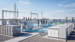 © NK - Modern electrical substation with high voltage transformers power lines pylons and battery storage units beside wind turbines and solar panels showcasing renewable energy grid infrastructure technolog
