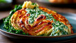 © Iryna - Roasted cabbage steak with creamy herb sauce and kale garnish served as gourmet vegetarian comfort meal