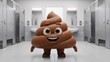 © Bayu Tri Nugroho - Cute Animated Poop Character with Big Eyes and Smile Standing in a Modern Public Restroom with White Walls and Silver Lockers for Fun and Humorous Content