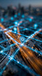© pattozher - Digital Cityscape with Navigation Pin: A futuristic aerial view of a bustling city at dusk, with glowing blue lines representing data streams and a navigation pin highlighting a key location.