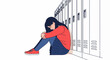 © combro - A sad student hugs knees, huddled by school lockers