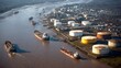 © aslam - River channel flows past a dense cluster of fuel storage tanks and industrial infrastructure where multiple large merchant ships transit the waterway during the day in this busy coastal maritime port.