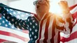 © Bonsales - Enthusiastic American sports fan celebrating victory, cheering loudly while waving USA flag, showing national pride and support