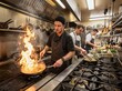 © utaem2022 - Chef searing meat with flames on stainless steel kitchen stove