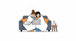 © lelah - Cozy scene with two people and a cat on a couch, watching a laptop