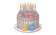 © MDKAMAL - A cartoon birthday cake with candles and emoticon faces on a white background.