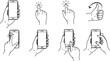 © Malak - Set of line art illustrations depicting various hand interactions with a smartphone, including holding, tapping, and swiping gestures
