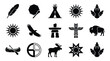 © Somiran - Collection of indigenous symbols featuring totem pole eagle bison canoe and medicine wheel in bold black design
