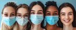 © SEcho - Diverse young women wearing protective medical face masks stand together against a blue background to promote health awareness.