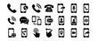 © Happy Carrot - Large set of black solid communication icons representing mobile phone functions like calling, messaging, video, internet, and user interface gestures for web and app design