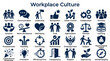 © Iconique Studio - Workplace culture icons representing teamwork communication leadership career growth and employee well being in a business concept illustration