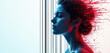 © miss irine - Woman profile with data stream effect. Blue light on face, red digital noise dissolving hair. Abstract concept of digital transformation identity.
