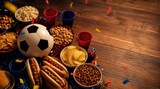 Football game snacks on rustic wooden table with soccer ball, hot dogs, chips and pretzels