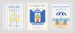 © Valentyna - Amalfi Coast summer poster set with limoncello glasses, blue shutter window, striped beach chairs, lemon tree accents and Italian coastal typography in flat vector style.