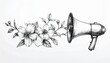 © Galang - Black and white line art of floral branch with vintage megaphone for marketing concepts