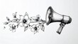 © Dimas - Black and White Megaphone with Floral Branch Line Art Vector Illustration