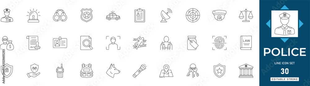Police line icon set featuring law enforcement, security, protection ...
