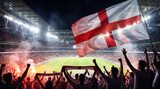 England football supporters waving national flag inside illuminated stadium with passionate crowd, dramatic championship lights and energetic fan celebration during international soccer event