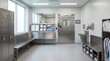 © mr_marcom - Pharmaceutical cleanroom gowning airlock with stainless benches gowning supplies and an interlocked door before the production suite under clean even lighting