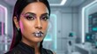 © Muhammad - Futuristic beauty portrait, a stunning woman with bold metallic silver lipstick and vibrant neon eye makeup. Sci-fi fashion and avant-garde style for modern cosmetic campaigns and digital art.