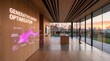 © FiligreeDigital - Modern Interior with Interactive Generative Engine Optimization Display and Large Window Overlooking a Sunset Landscape
