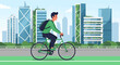 © Al Stok - Young man cycling with backpack in city.