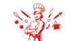 © Lucas - Professional female chef with crossed arms surrounded by kitchen tools and fresh ingredients