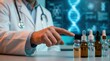 © Masque - A doctor pointing at vaccines in a medical laboratory setting with copy space.