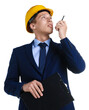 © New Africa - Young man in helmet and suit using walkie talkie on white background