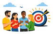 © Hanna - Diverse business team collaborating, discussing ideas, and achieving common goals, with an arrow hitting the bullseye on a target