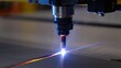 © olga_demina - Macro close-up of a precision CNC laser cutting head nozzle hovering over a flat steel sheet, bright blue-white laser beam cutting a glowing orange line across the metal surface.