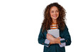 © Komora - Professional woman with curly hair holding digital tablet, smiling confidently, in business casual blazer, over transparent background