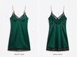 © Dwi - Elegant dark green satin slip dress featuring intricate black lace detailing and slender shoulder straps, shown from front and back.
