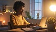 © BERKAH - African American woman working late night.