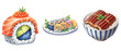© Ajman Miah - Set of delicious japanese sushi rolls and unagi don bowl isolated on white background
