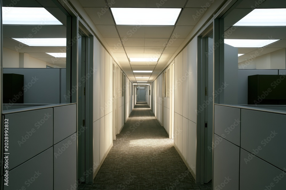 Corporate office hallway stretching into distance with symmetrical ...