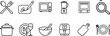 © Sabbir - Kitchen, cooking line icons set. Air fryer, meal blender, oven, fridge, recipe cookbook, grocery delivery flat minimal vector illustrations. Simple outline signs. Perfect. Editable Stroke.